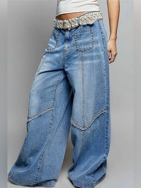 NEW Pol Wide Leg Jeans Vintage Washing Solid Back Elastic Band High Rise